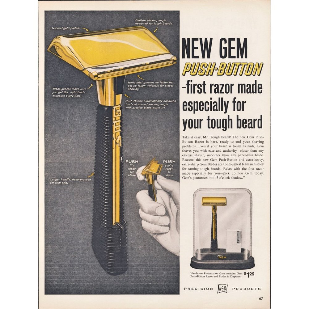 1959 GEM Push Button Gold Plated Safety Blade Razor Vintage Print Ad Shaving 50s
